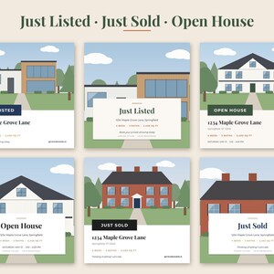 May include: A set of six digital real estate social media templates featuring flat vector illustrations of various house styles. Each square graphic includes text overlays such as Just Listed, Just Sold, and Open House with placeholders for addresses.