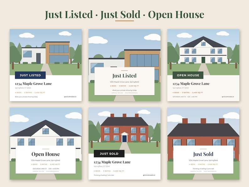 May include: A set of six digital real estate social media templates featuring flat vector illustrations of various house styles. Each square graphic includes text overlays such as Just Listed, Just Sold, and Open House with placeholders for addresses.