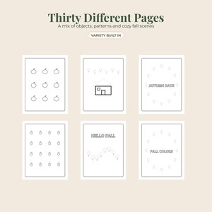 Puede incluir: Una colecci&oacute;n de treinta p&aacute;ginas para colorear con una mezcla de objetos, patrones y escenas de oto&ntilde;o. El texto dice Thirty Different Pages, A mix of objects, patterns and cozy fall scenes, VARIETY BUILT IN, AUTUMN DAYS, HELLO FALL y FALL COLORS.