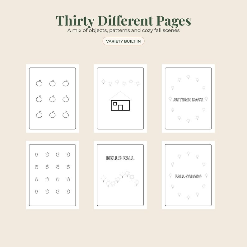 Puede incluir: Una colecci&oacute;n de treinta p&aacute;ginas para colorear con una mezcla de objetos, patrones y escenas de oto&ntilde;o. El texto dice Thirty Different Pages, A mix of objects, patterns and cozy fall scenes, VARIETY BUILT IN, AUTUMN DAYS, HELLO FALL y FALL COLORS.