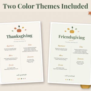 May include: Two rectangular dinner menus with rounded corners, one titled Thanksgiving and the other Friendsgiving. Both feature a central pumpkin icon, sections for appetizers, main, sides, drinks, and desserts, and the text with gratitude.