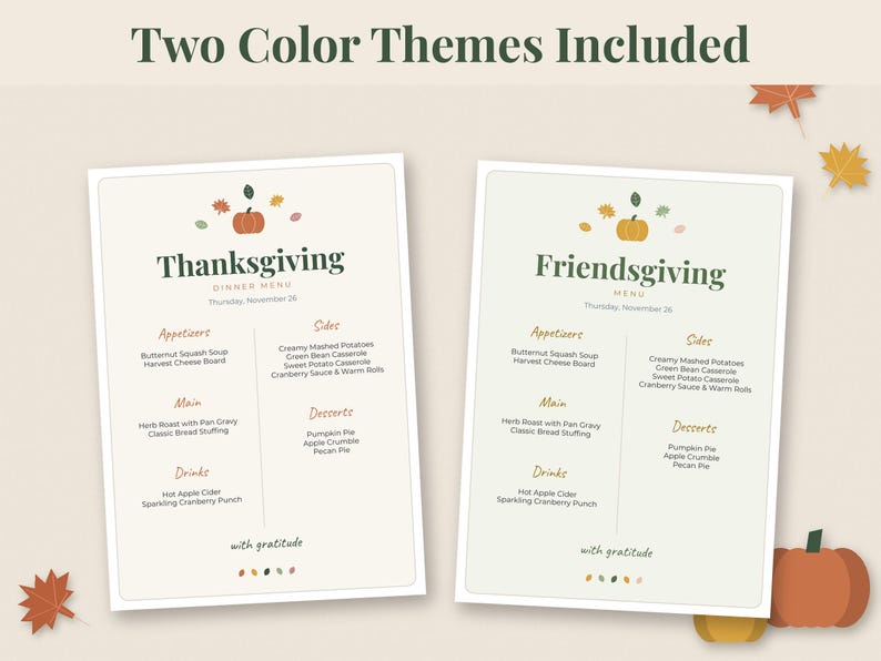 May include: Two rectangular dinner menus with rounded corners, one titled Thanksgiving and the other Friendsgiving. Both feature a central pumpkin icon, sections for appetizers, main, sides, drinks, and desserts, and the text with gratitude.