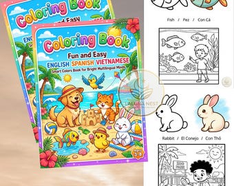 Mehrsprachige Malbücher: Englisch, Spanisch, Vietnamesisch Lernaktivität (Digitaler Download) - 15 Seiten FUN & EASY to Play- Meine Tiere Art