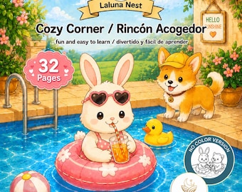 Cozy Corners - Band 4: Zweisprachiges Malbuch Englisch Spanisch für Kinder-Erwachsene, 32 Seiten FUN & EASY Lernaktivität, digitaler Download PDF