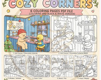 Cozy Corners - Band 1: Zweisprachiges Malbuch Englisch Spanisch für Kinder-Erwachsene, 6 Seiten FUN & EASY Lernaktivität, digitaler Download PDF