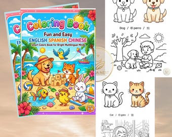Mehrsprachige Malbücher: Englisch, Spanisch, Chinesisch Lernaktivität (Digitaler Download) - 15 Seiten FUN & EASY to Play - Meine Tiere Art