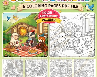 Cozy Corners - Vol 2: Zweisprachiges Malbuch Englisch Spanisch für Kinder-Erwachsene, 6 Seiten FUN & EASY Lernaktivität, digitaler Download PDF