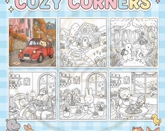 Cozy Corners - Band 3: Zweisprachiges Malbuch Englisch Spanisch für Kinder-Erwachsene, 6 Seiten FUN & EASY Lernaktivität, digitaler Download PDF