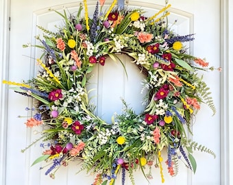 Wildflower Wreath for Front Door, Colorful Spring Summer Wreath, Boho Farmhouse Year Round Meadow Wreath