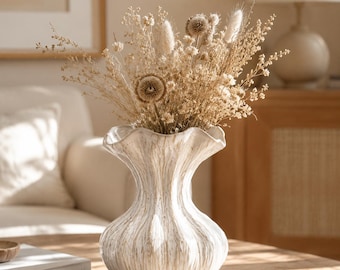 Vaso scultoreo in ceramica fatto a mano, vaso Wabi Sabi bianco testurizzato per fiori secchi, moderno complemento d'arredo neutro, vaso centrotavola in stile rustico