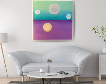 Lámina artística abstracta circular, arte mural moderno con bloques de color, descarga digital minimalista en tonos verde azulado y morado, decoración contemporánea y tranquila.