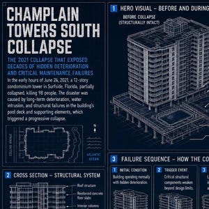 May include: An infographic titled Champlain Towers South Collapse detailing the 2021 structural failure in Surfside, Florida. It features technical diagrams of the building, a failure sequence timeline, key specifications, and lessons learned.