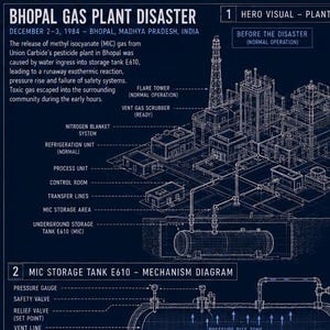 May include: A dark blue infographic poster titled Bhopal Gas Plant Disaster, featuring white line drawings, technical diagrams, and text explaining the 1984 industrial chemical release, including plant layouts, tank mechanisms, and failure sequences.
