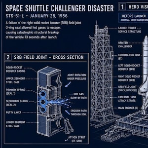 Puede incluir: Una infografía técnica detallada sobre un fondo azul oscuro que ilustra el desastre del transbordador espacial Challenger. Incluye diagramas del sistema de lanzamiento, una sección transversal de la junta SRB y la secuencia del fallo técnico.