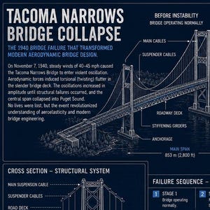 May include: An educational infographic titled Tacoma Narrows Bridge Collapse, featuring white line drawings on a dark blue background. It details the 1940 bridge failure with diagrams of the structure, oscillation stages, key specifications, and lessons learned.