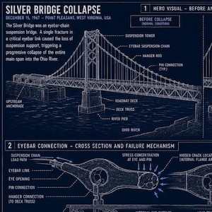 May include: A dark blue technical infographic titled Silver Bridge Collapse, detailing the 1967 structural failure. It features diagrams of the bridge, cross-sections of the eyebar connection, failure sequences, and key specifications in white text.