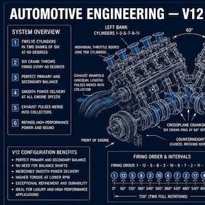 Puede incluir: Un póster de plano técnico titulado Automotive Engineering - V12 Engine, que presenta una ilustración detallada en líneas azules de un motor V12 con etiquetas, diagramas de orden de encendido y texto que explica la altura de 750mm.