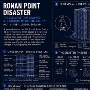 Puede incluir: Una infografía titulada Ronan Point Disaster que detalla el colapso del edificio en Londres en 1968. Incluye un diagrama 3D de la torre, una línea de tiempo, hechos clave, secciones transversales estructurales, causas y el legado de seguridad.