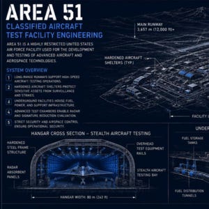 May include: Detailed diagram of Area 51, a classified aircraft test facility. The image features an overview of the facility, including runways, hangars, and underground infrastructure. Text includes key specifications and operations sequence.