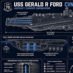 May include: Detailed diagram of the USS Gerald R. Ford aircraft carrier, CVN-78, showcasing its engineering and key specifications. Includes measurements in feet, system overviews, and flight trajectory phases.