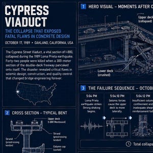 Puede incluir: Una infografía titulada Cypress Viaduct que detalla el colapso de la autopista I-880 en Oakland, California, en 1989. Incluye diagramas técnicos, una cronología de la secuencia de fallo, especificaciones en metros y las causas del desastre.