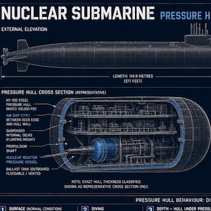 May include: Detailed diagram of a nuclear submarine, showcasing external elevation, internal structure, and key specifications. Includes measurements in feet, such as 377 feet in length and 42 feet in height. Features diagrams of pressure hull behavior.