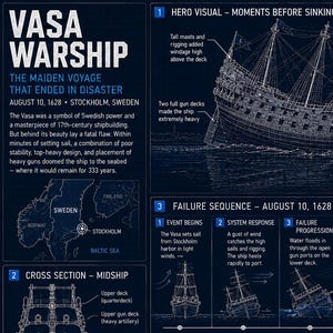 Könnte beinhalten: Eine Infografik mit dem Titel Vasa Warship, die den Untergang des schwedischen Schiffes im Jahr 1628 detailliert darstellt. Sie enthält technische Diagramme, einen Querschnitt, eine Fehlersequenz und technische Daten, darunter 69 Meter Gesamtlänge.