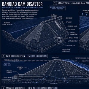 Puede incluir: Una infografía azul oscuro titulada Banqiao Dam Disaster que detalla el desastre de 1975. Incluye diagramas técnicos de la estructura de la presa, cortes transversales del mecanismo de rotura y una secuencia de cinco pasos.