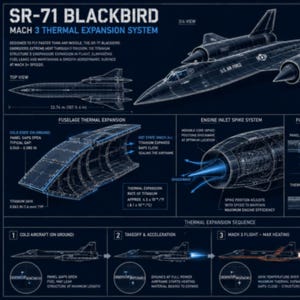 May include: Detailed diagram of the SR-71 Blackbird Mach 3 Thermal Expansion System. The image includes top view schematics, key specifications, and diagrams of the fuselage, engine inlet, and fuel leak systems. The text includes measurements in feet and inches.