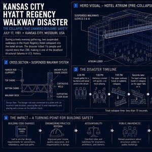 Puede incluir: Una infografía educativa titulada Kansas City Hyatt Regency Walkway Disaster, con un fondo azul oscuro con texto y diagramas en blanco que detallan el fallo estructural de 1981, incluyendo una sección transversal, cronología y datos clave.