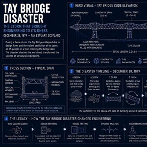 Puede incluir: Una infografía titulada Tay Bridge Disaster que detalla el colapso de 1879 en Escocia. Presenta una elevación lateral del puente ferroviario de hierro forjado, un diagrama de sección transversal, una línea de tiempo, datos y legado técnico.