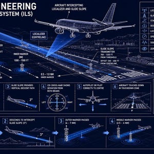 May include: A dark blue technical infographic titled Aviation Engineering Instrument Landing System (ILS) featuring white line drawings of an aircraft, runway markers, and cockpit displays with detailed specifications and operational sequences.