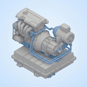 May include: Isometric view of a light gray engine assembly with blue piping. The engine has multiple components, including an exhaust manifold, a transmission, and an electric motor. The assembly sits on a rectangular base.