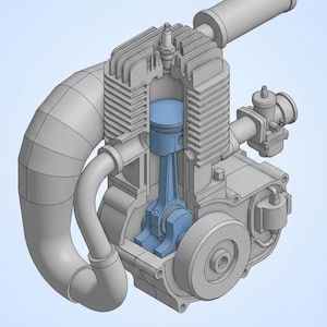 May include: A cutaway diagram of a two-stroke engine, revealing internal parts. The piston and connecting rod are coloured blue. The engine features a spark plug, exhaust pipe, and carburettor, all in a grayscale palette.