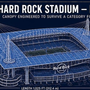 May include: A blue architectural blueprint of Hard Rock Stadium in Miami, featuring an isometric view. The diagram labels the mast height as 108.8 m, length as 312.4 m, and width as 322.0 m, noting a cable-supported canopy and eight concrete super columns.