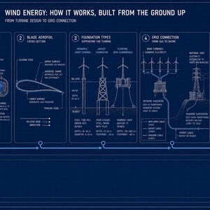 Puede incluir: Diagrama de energía eólica que detalla el diseño de la turbina, el perfil aerodinámico de la pala, los tipos de cimentación, la conexión a la red y la comparación de escalas. El gráfico de estilo de plano incluye texto y dibujos técnicos.
