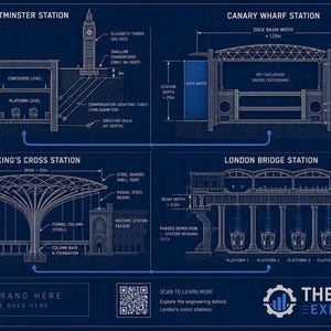 May include: A detailed blueprint showing the construction of London's iconic stations: Westminster, Canary Wharf, King's Cross, and London Bridge. The diagram includes measurements and structural details. The text "THE BUILD EXPLAINED" is visible.
