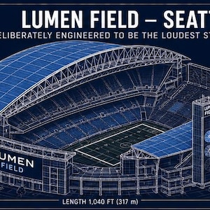 Op de afbeelding: Een isometrisch architecturaal diagram van Lumen Field in Seattle op een donkerblauwe achtergrond. De afbeelding bevat witte draadmodel-lijnen, tekstlabels en afmetingen, waaronder een dakhoogte van 86,9 m en een lengte van 317 m.