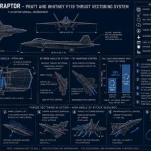 May include: Diagram of the F-22 Raptor Pratt & Whitney F119 thrust vectoring system. The diagram includes schematics, specifications, and a system overview. Measurements are in feet and inches. The text includes information on thrust vectoring and extreme angles of attack.