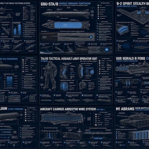 May include: A dark blue poster featuring detailed diagrams of military technology. The poster includes illustrations of an F-22 Raptor, a GBU-57A/B Massive Ordnance Penetrator, and a B-2 Spirit Stealth Bomber. Other diagrams include a nuclear submarine and an M1 Abrams tank.