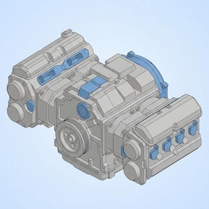 May include: Isometric illustration of a gray engine with blue accents. The engine has multiple components, including cylinders, a pulley, and various housings. The design is detailed and appears to be a technical drawing or model.