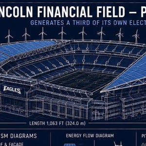 Op de afbeelding: Een isometrisch architectonisch diagram van Lincoln Financial Field in Philadelphia. De blauwgetinte afbeelding toont de stadionstructuur, 14 windturbines, 11.000 zonnepanelen, vleugelvormige overkappingen en een totale lengte van 324,0 meter.