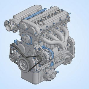 Pode incluir: Ilustração detalhada de um motor de carro, em tons de cinza com detalhes azuis. Destacam-se as correias, polias e o coletor de escape. O design realça os detalhes técnicos do motor.