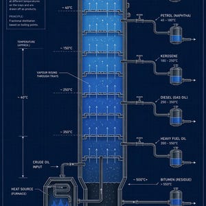 May include: Diagram of a crude oil distillation column, illustrating the process of separating hydrocarbons based on boiling points. The blue diagram shows the column with various outputs like gases, petrol, kerosene, diesel, heavy fuel oil, and bitumen.