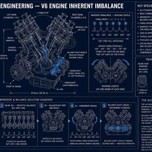Puede incluir: Una infografía técnica titulada Automotive Engineering - V6 Engine Inherent Imbalance, que presenta un diagrama de estructura alámbrica azul de un motor V6, descripción general del sistema, especificaciones clave, comparaciones de empaque y diagramas de configuración.