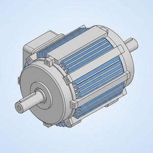 May include: A 3D rendering of an electric motor. The motor is primarily gray with blue accents on the cooling fins. It has a cylindrical body with a shaft extending from one end. The background is a light blue gradient.