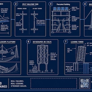 Op de afbeelding: Een blauwe architectonische tekening die technische fouten illustreert. Het bevat diagrammen van een draaiend brugdek, een gespleten loopbrugstang en een scheve toren. De tekst bevat "The Build Explained" en afmetingen in meters.