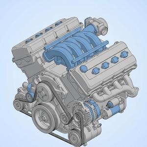 May include: Isometric illustration of a V8 engine, showcasing its components. The engine is primarily gray with blue accents on the intake manifold, hoses, and other parts. The design highlights the belts, pulleys, and other mechanical elements.