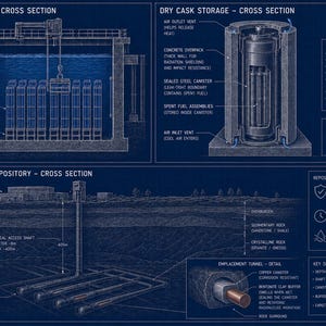 May include: Detailed cross-section diagrams of nuclear waste storage solutions. The image shows a spent fuel pool, dry cask storage, and a deep geological repository, with labels and measurements in metres.