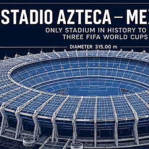 May include: An isometric technical illustration of Estadio Azteca in Mexico City, the only stadium to host three FIFA World Cups. The blue wireframe graphic displays a diameter of 315.00 m and a tower height of 63.00 m, showing the full stadium exterior.